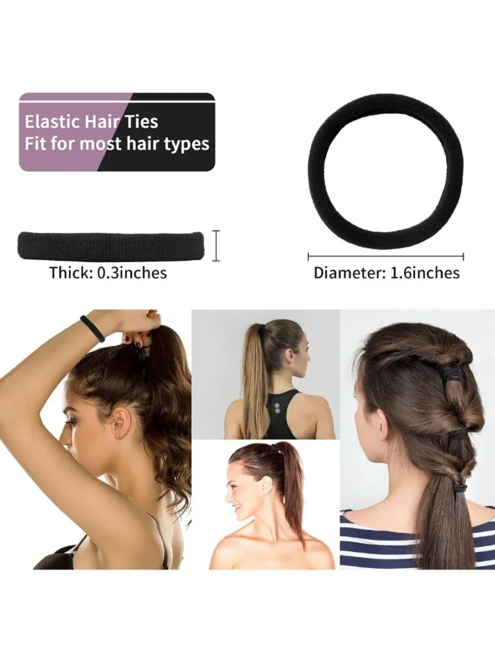 100PCS Seamless Black Hair Ties for Women - No Crease Cotton Hair Bands